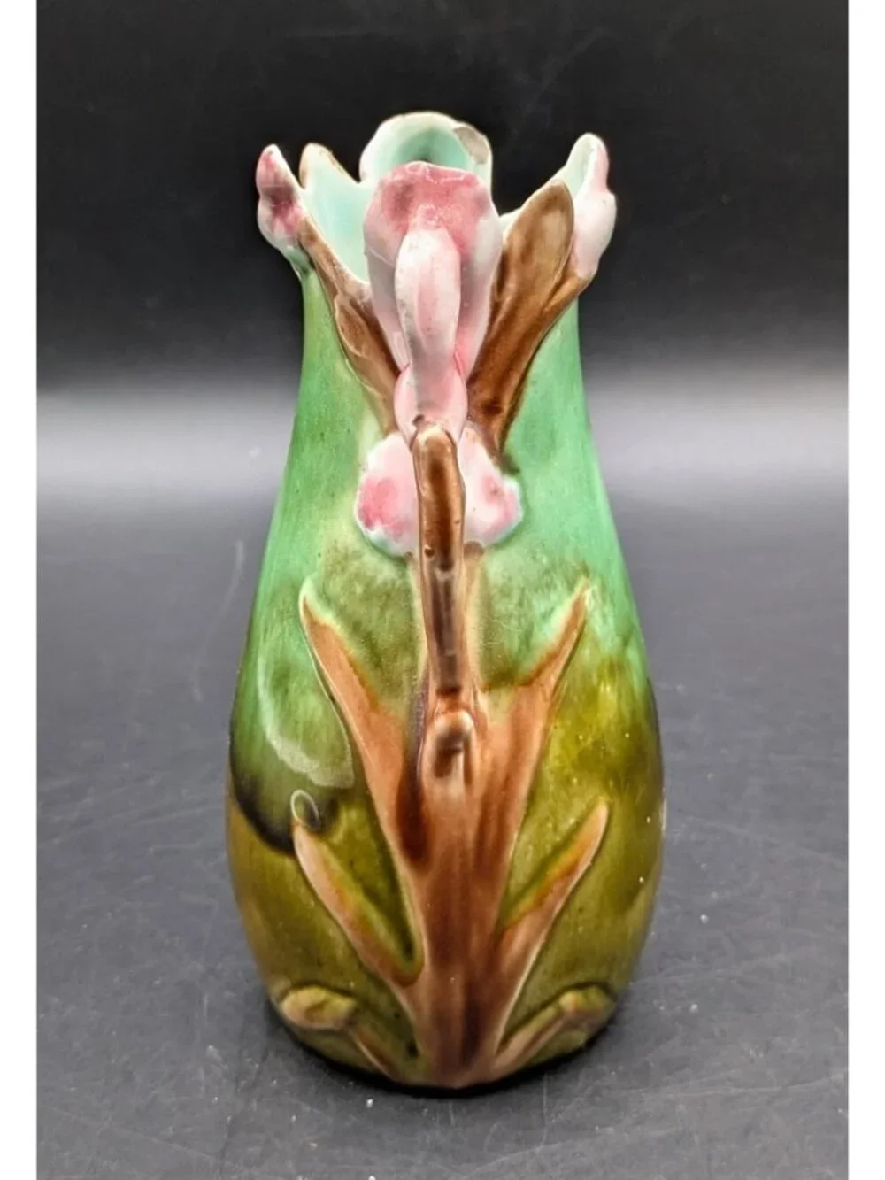 Antique Art Nouveau French Majolica Barbotine Naturalistic Floral Vase 5.5”